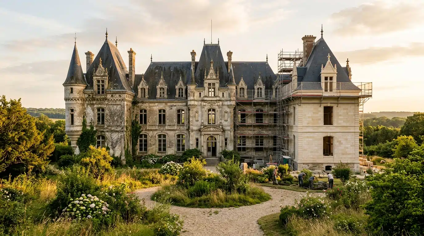 Château français en pierre partiellement restauré au crépuscule