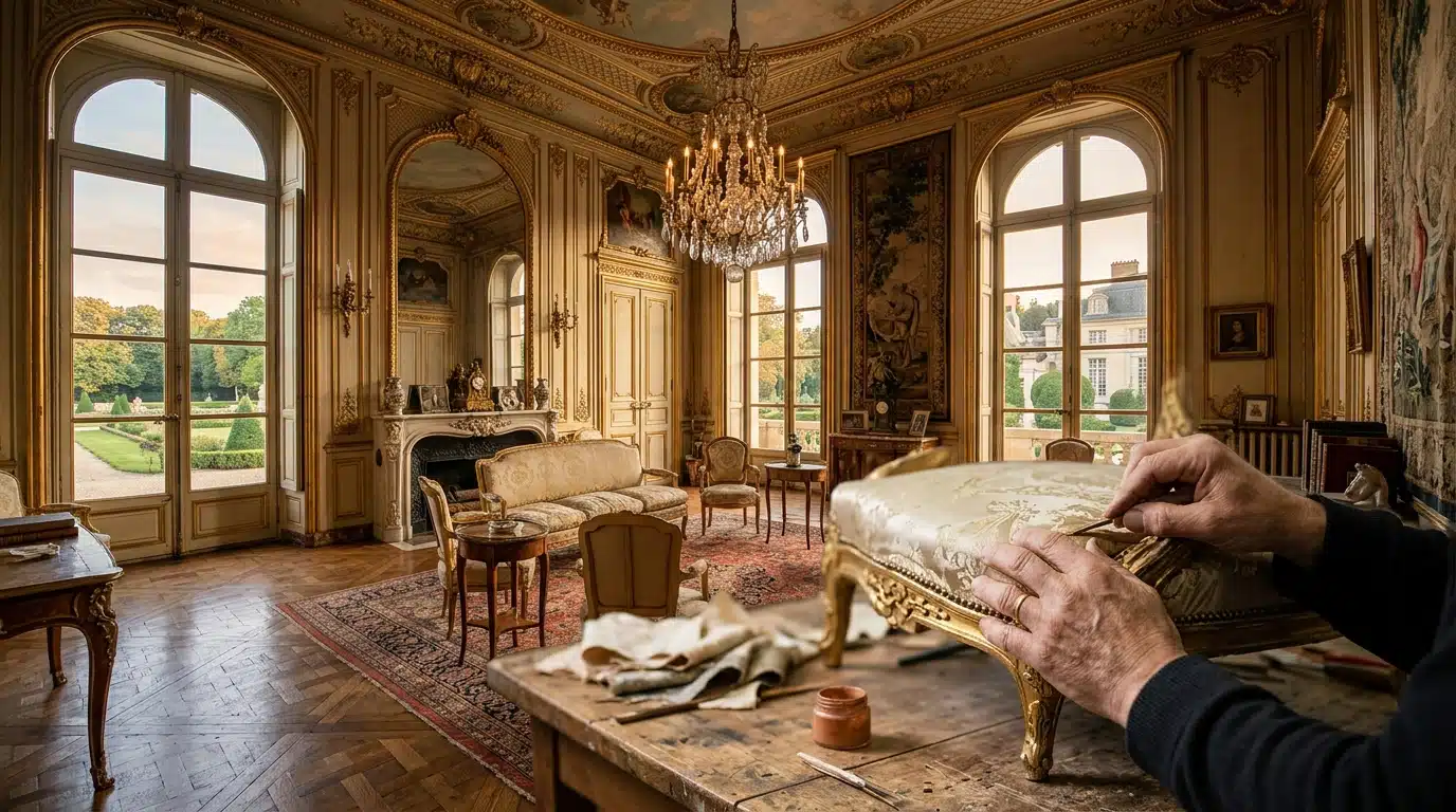 Salon de château avec moulures dorées et meubles anciens