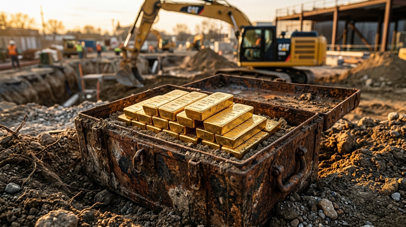 Lingots d'or empilés dans un coffre déterré sur un chantier