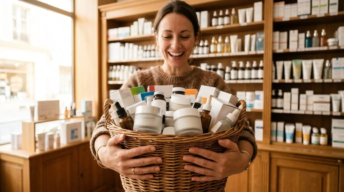 Panier rempli de crèmes et sérums en pharmacie