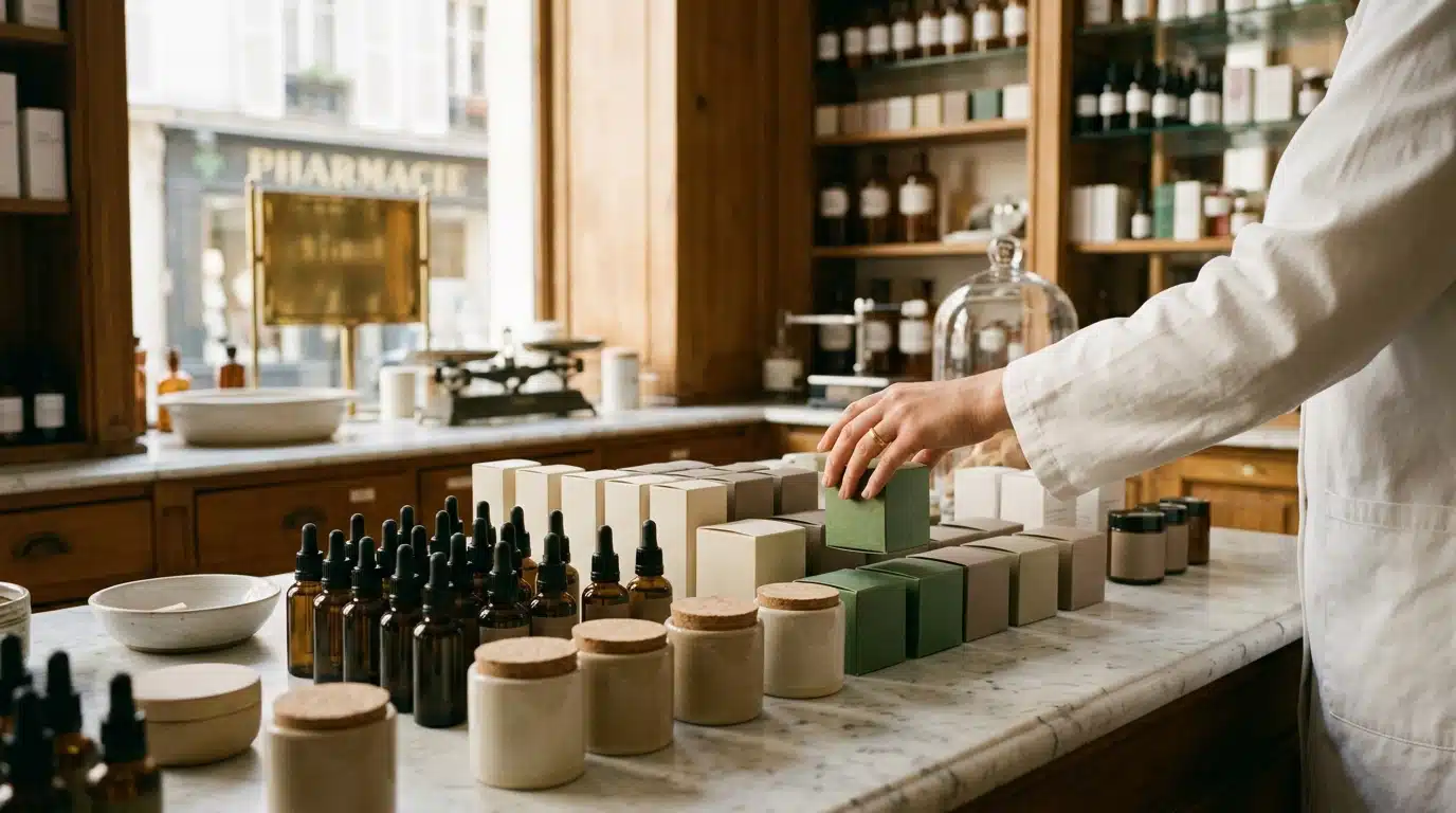 Comptoir de pharmacie parisienne avec produits cosmétiques