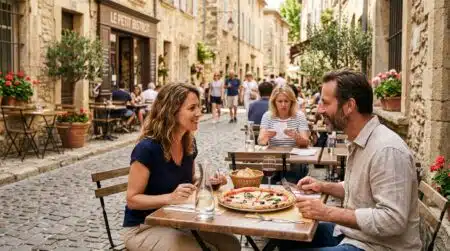 Pizza partagée à deux sur une terrasse de restaurant