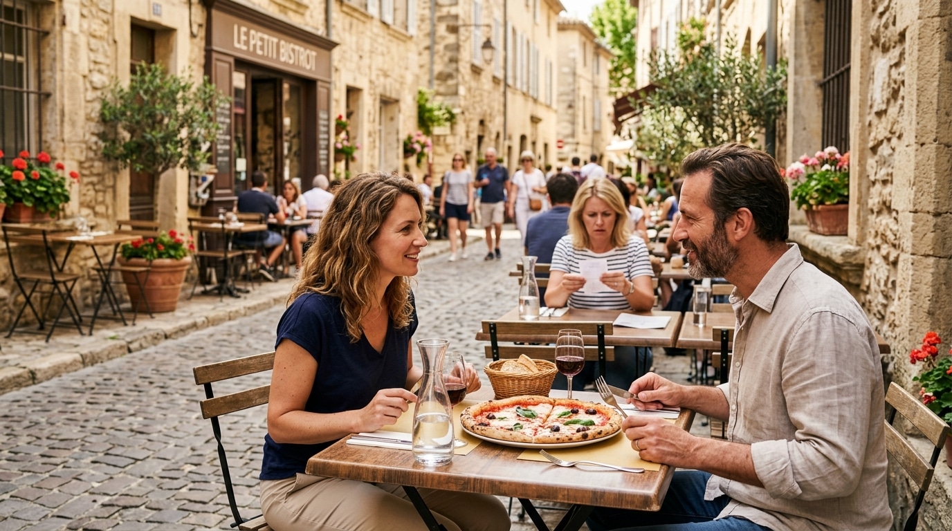 Pizza partagée à deux sur une terrasse de restaurant