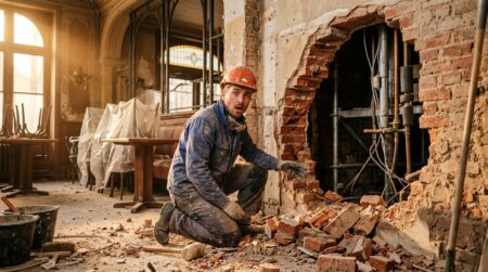 Ouvrier stupéfait devant un mur percé en pleine rénovation