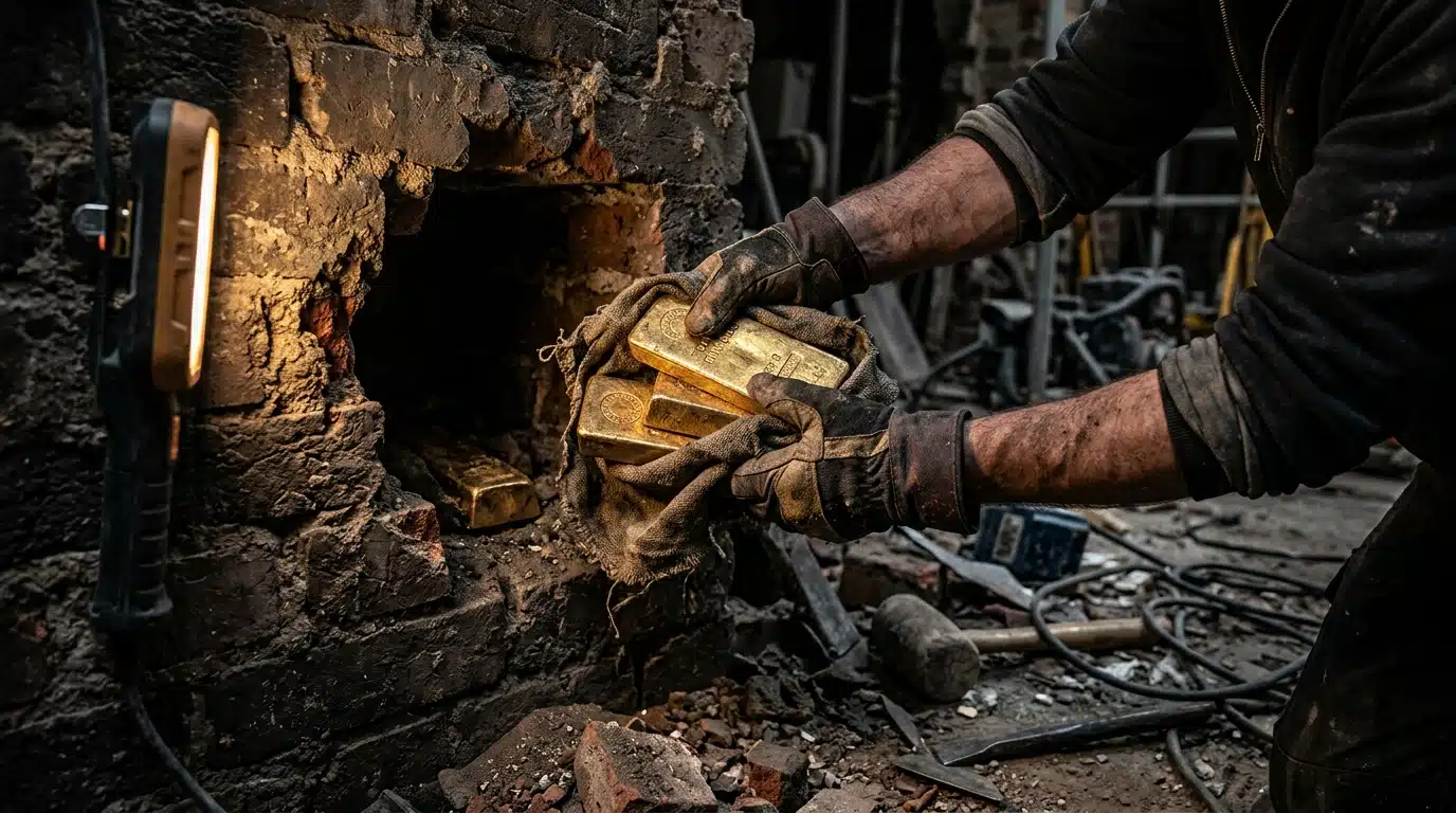 Mains d'ouvrier sortant des lingots d'or d'un mur
