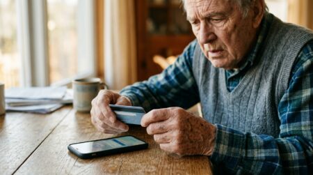 Homme âgé tenant une carte bancaire avec inquiétude