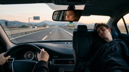 Habitacle de voiture au lever du jour sur autoroute
