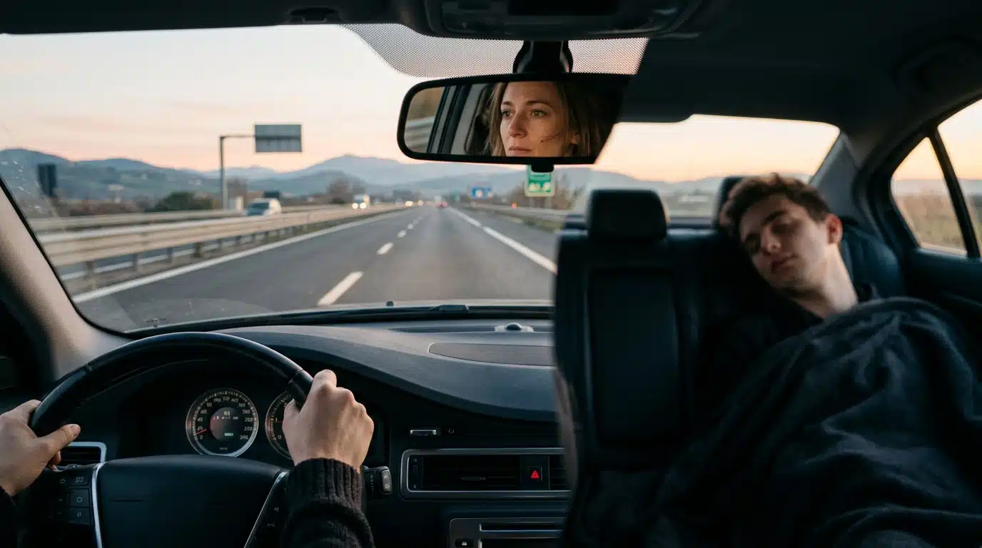 Habitacle de voiture au lever du jour sur autoroute