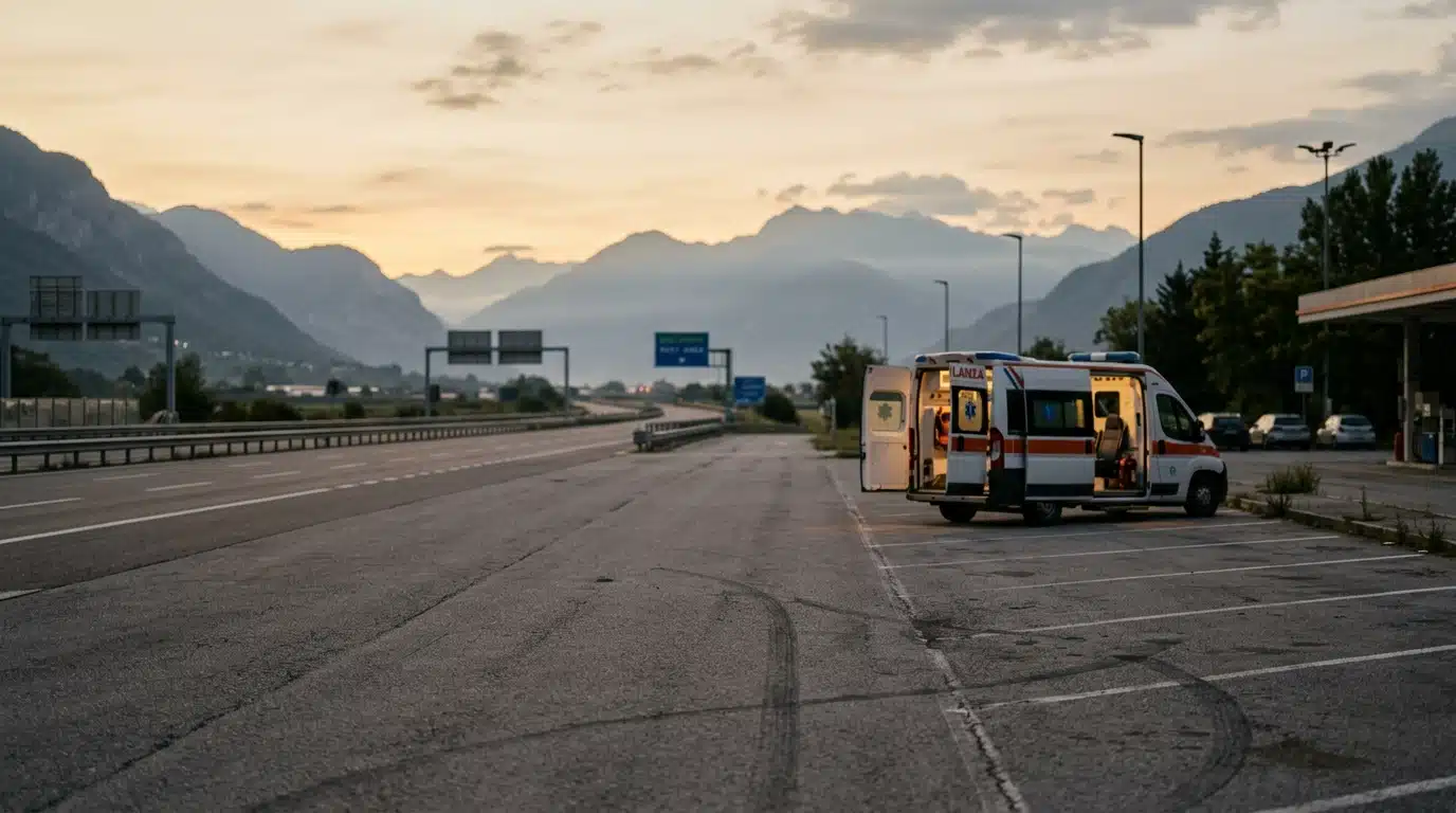 Aire de repos autoroutière avec ambulance au petit matin