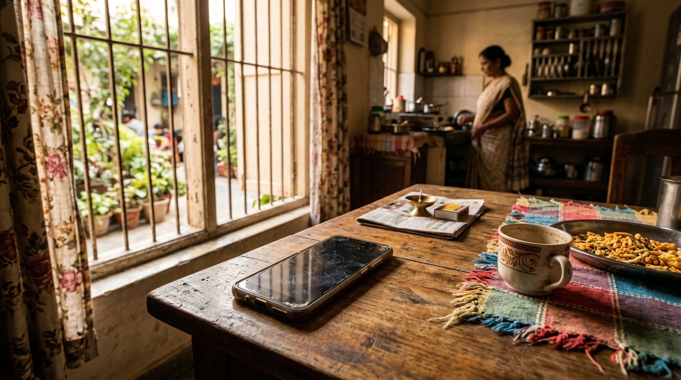 Téléphone portable posé sur une table dans une maison indienne