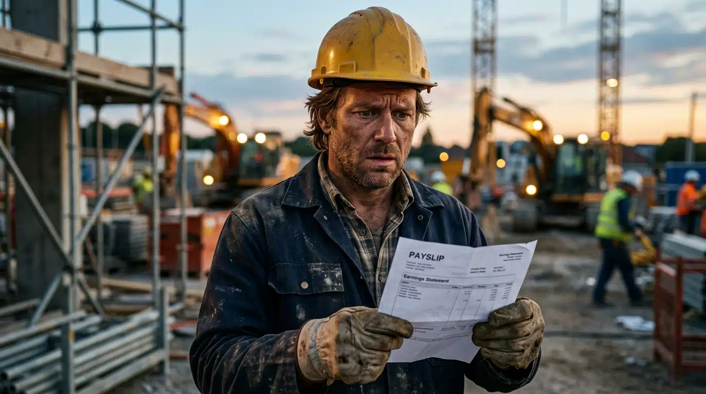 Ouvrier du bâtiment regardant un bulletin de salaire inquiet