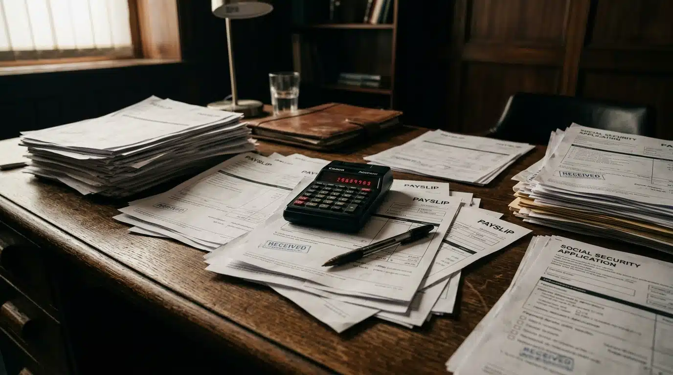Bulletins de paie et documents sociaux empilés sur un bureau