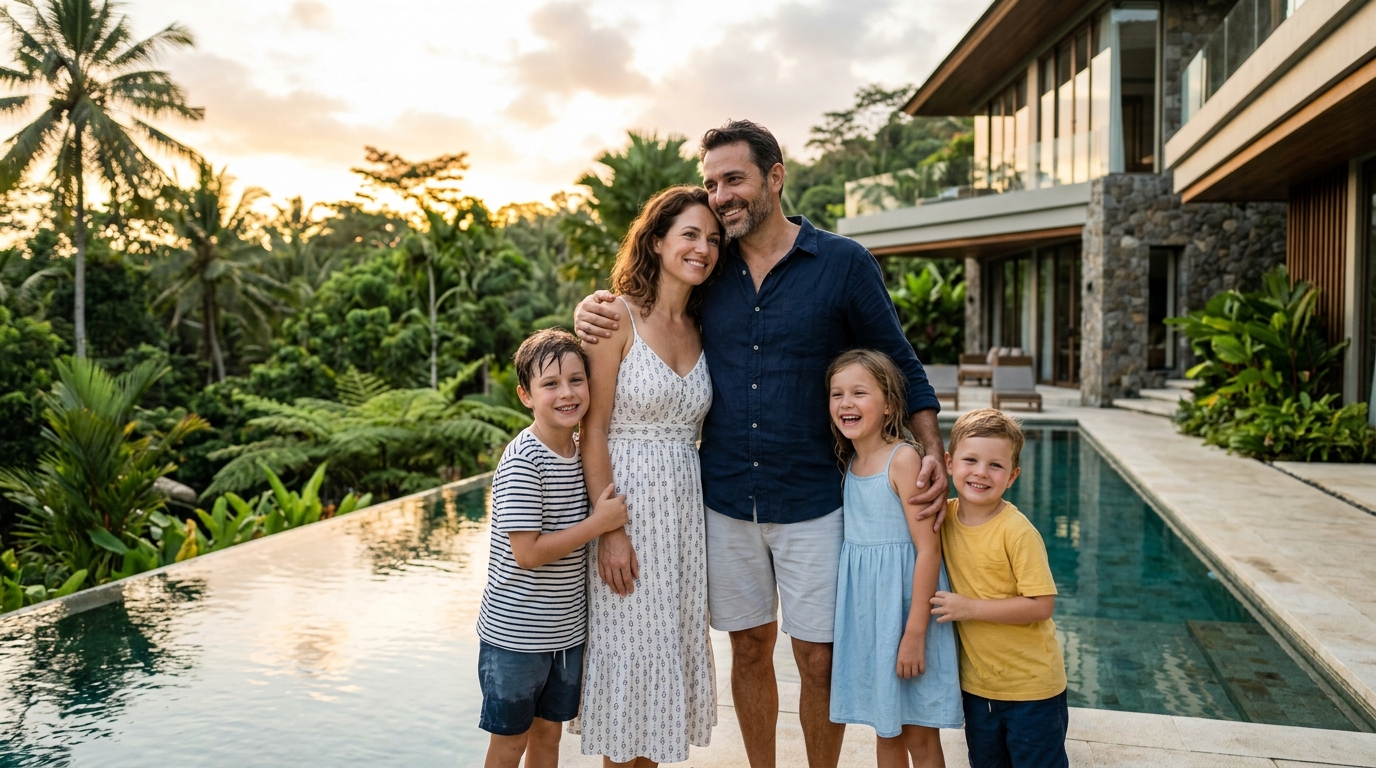 Famille souriante près d'une piscine de villa tropicale