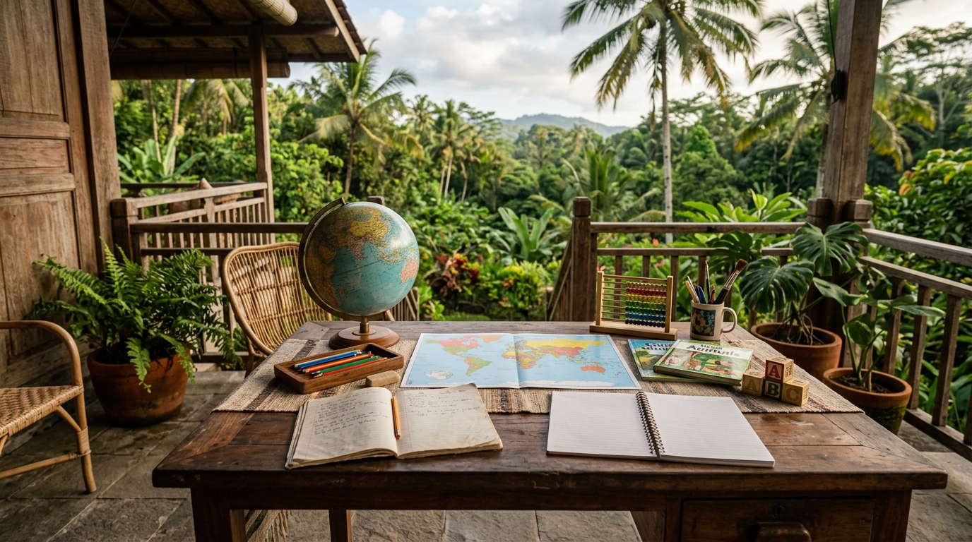 Bureau d'école à la maison sur véranda tropicale