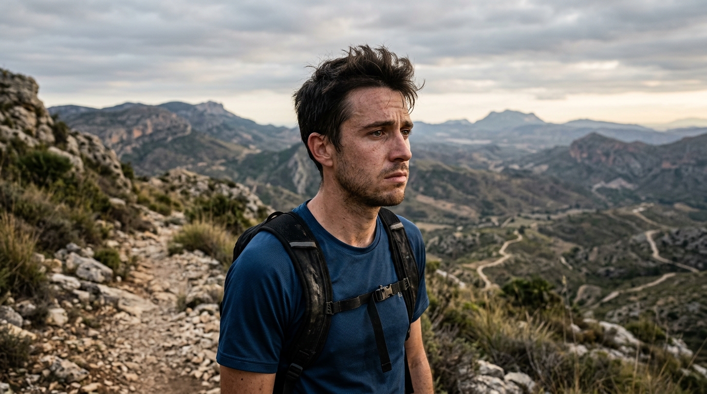 Coureur de trail au regard inquiet en montagne