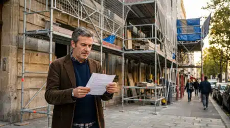 Immeuble en travaux de ravalement de façade avec échafaudage