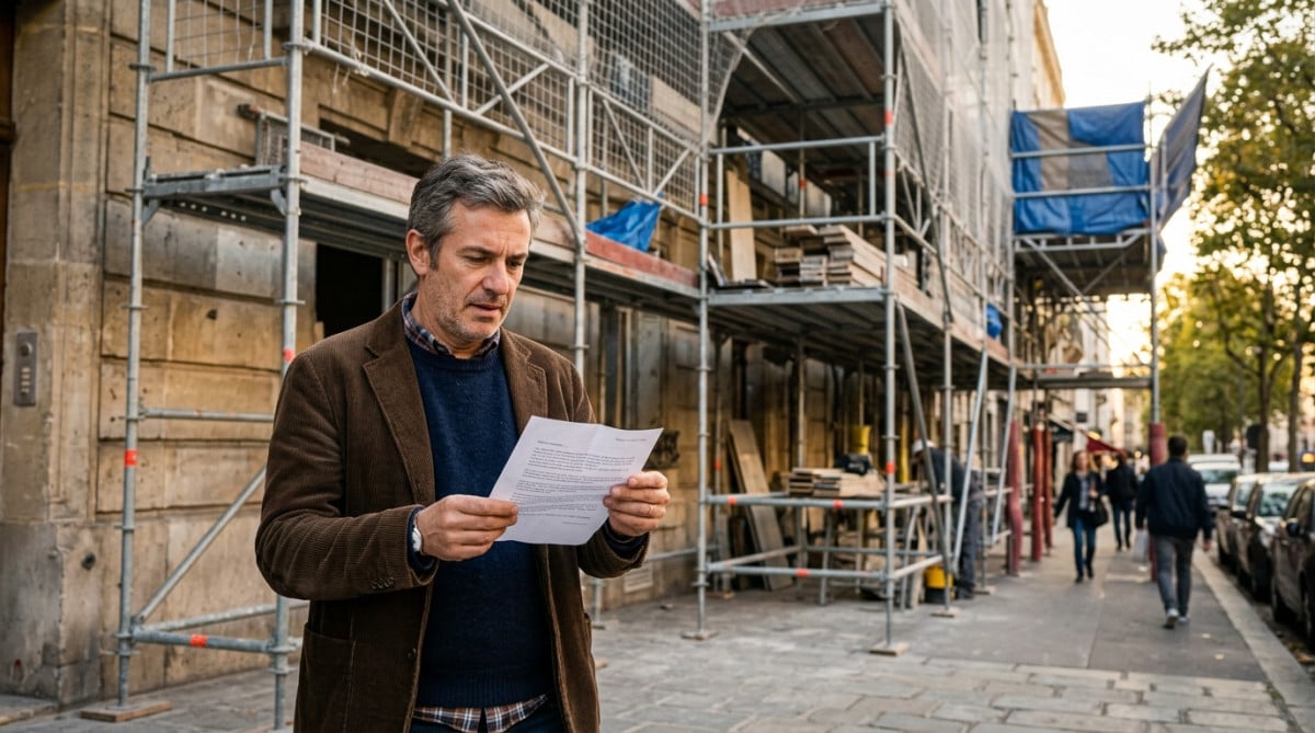 Immeuble en travaux de ravalement de façade avec échafaudage
