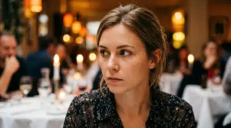 Femme au regard intuitif scrutant son partenaire à table