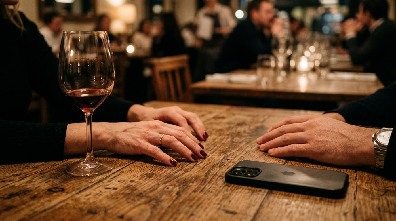 Mains sur une table avec verre de vin et téléphone