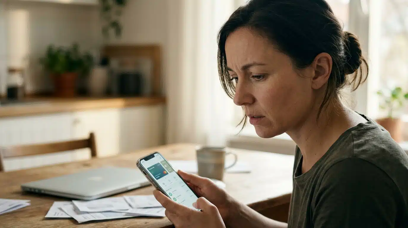 Personne consultant une application bancaire avec inquiétude