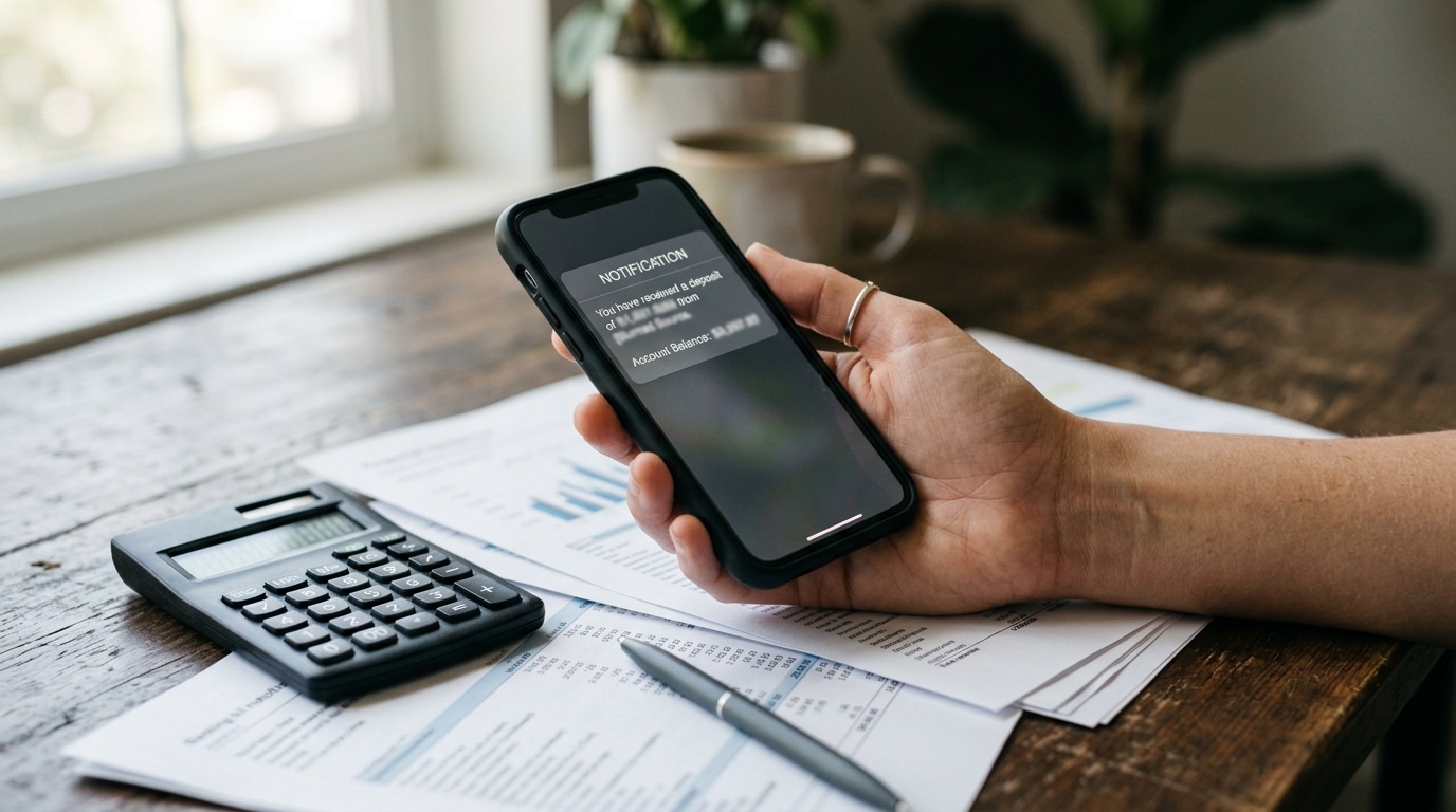 Main tenant un smartphone près de documents financiers