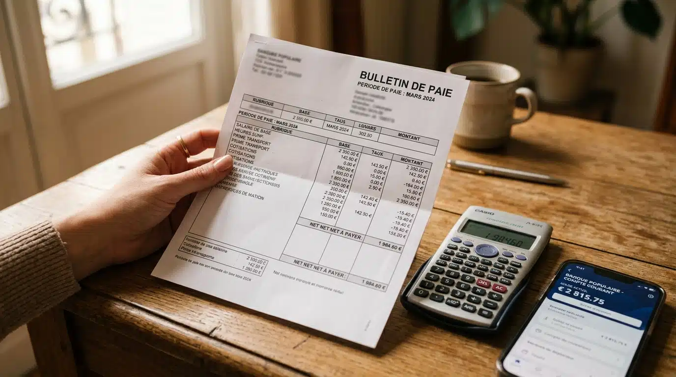 Fiche de paie et calculatrice sur un bureau