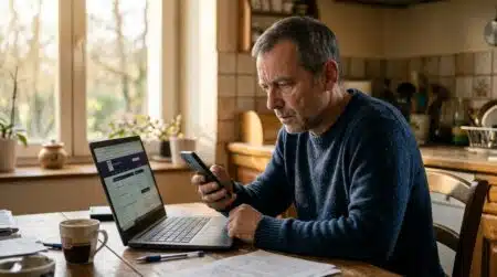 Homme inquiet consultant un mail suspect sur son téléphone