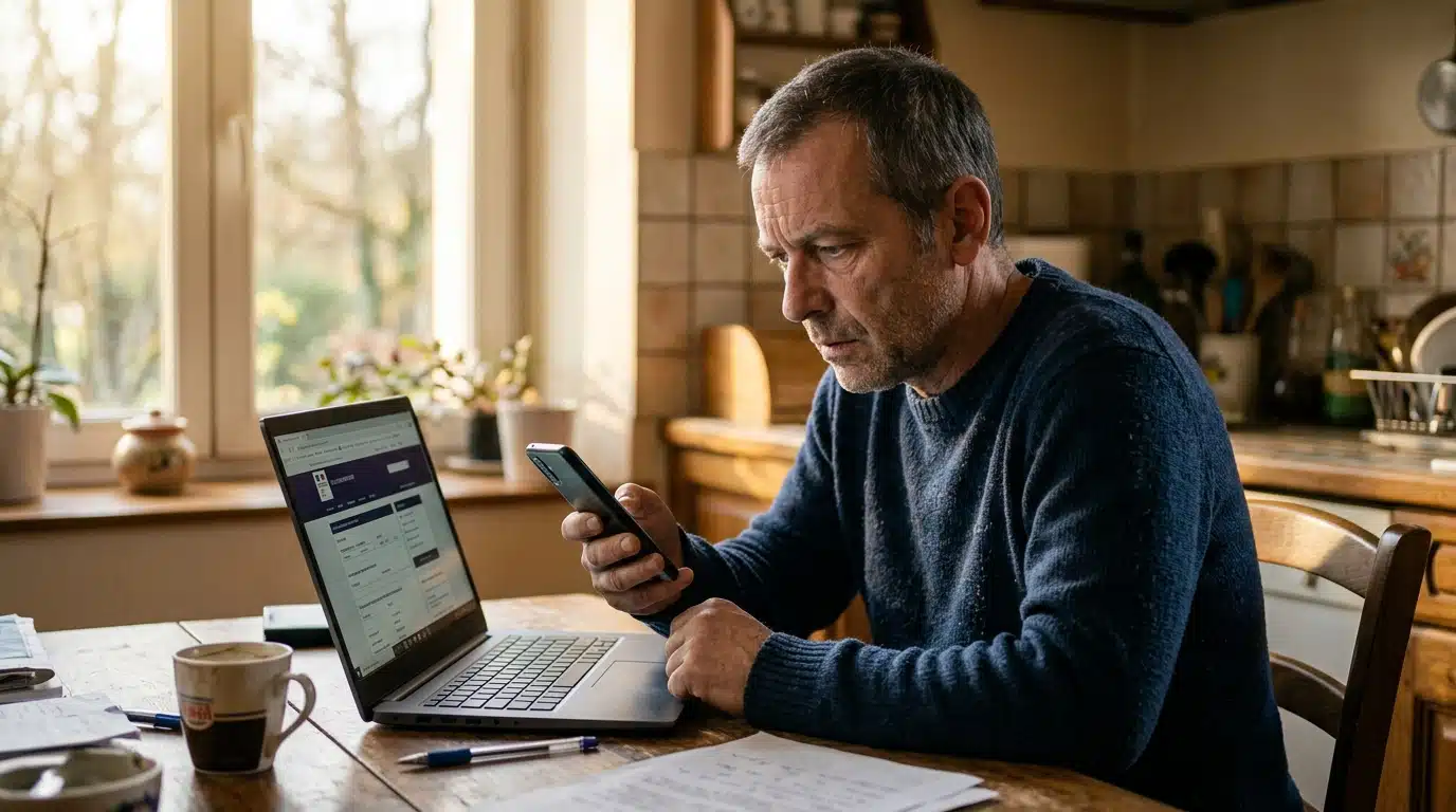 Homme inquiet consultant un mail suspect sur son téléphone
