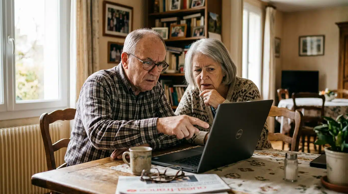 Couple de retraités vérifiant un message douteux sur ordinateur