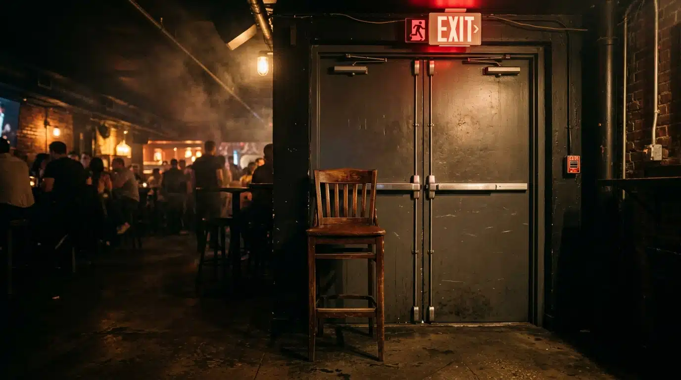 Chaise de bar posée devant une porte de secours