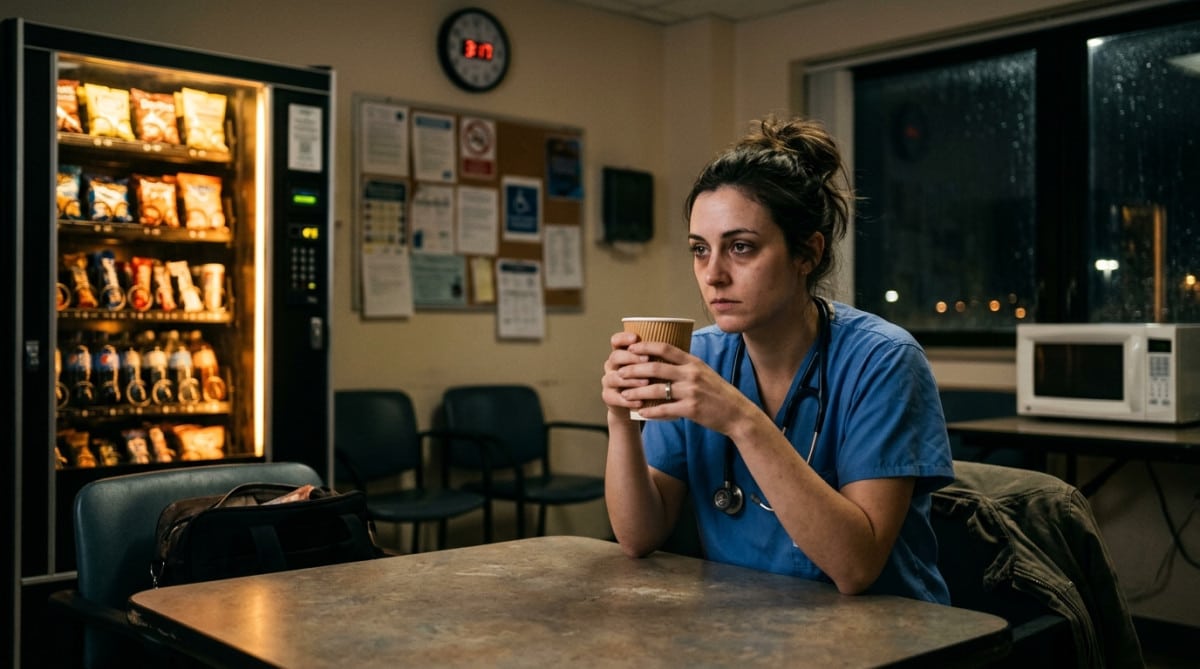 Infirmière épuisée buvant un café de nuit à l'hôpital