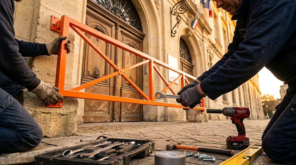 Installation d'une grille de sécurité orange devant un bâtiment officiel