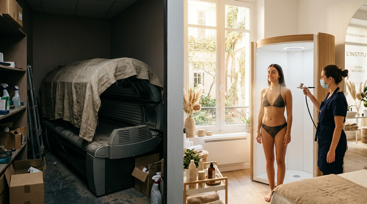 Institut de beauté moderne avec cabine UV abandonnée en arrière-plan