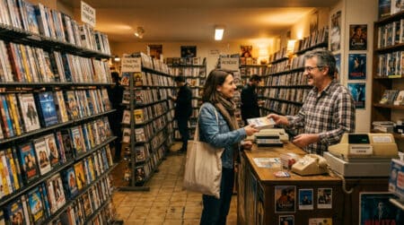 Intérieur d'un vidéo club des années 90 avec cassettes VHS