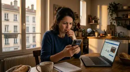 Femme inquiète lisant un email d'alerte cyberattaque