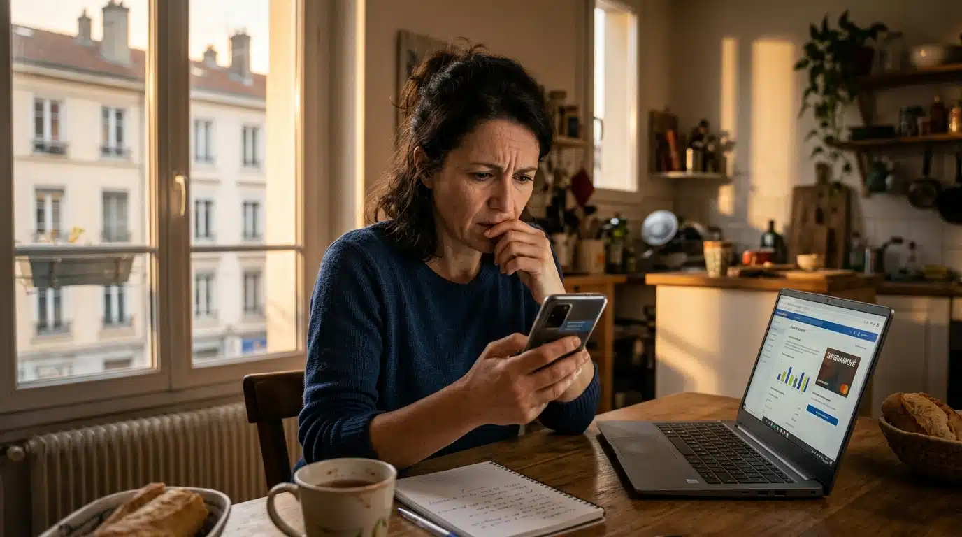 Femme inquiète lisant un email d'alerte cyberattaque