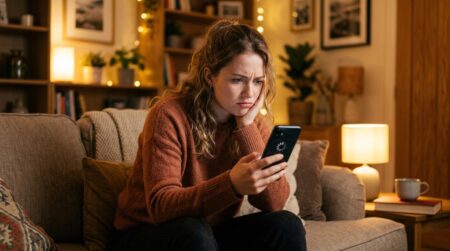 Femme frustrée devant son téléphone qui charge lentement