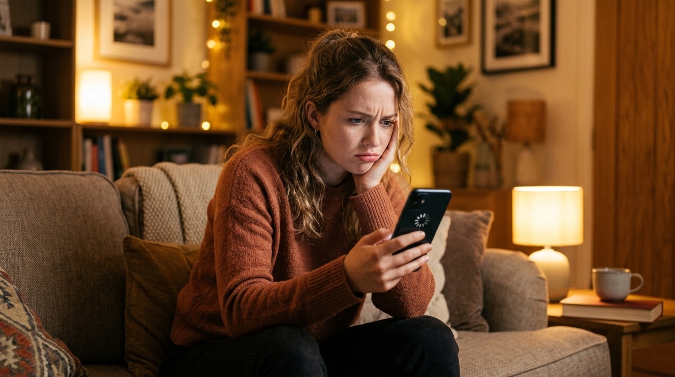Femme frustrée devant son téléphone qui charge lentement