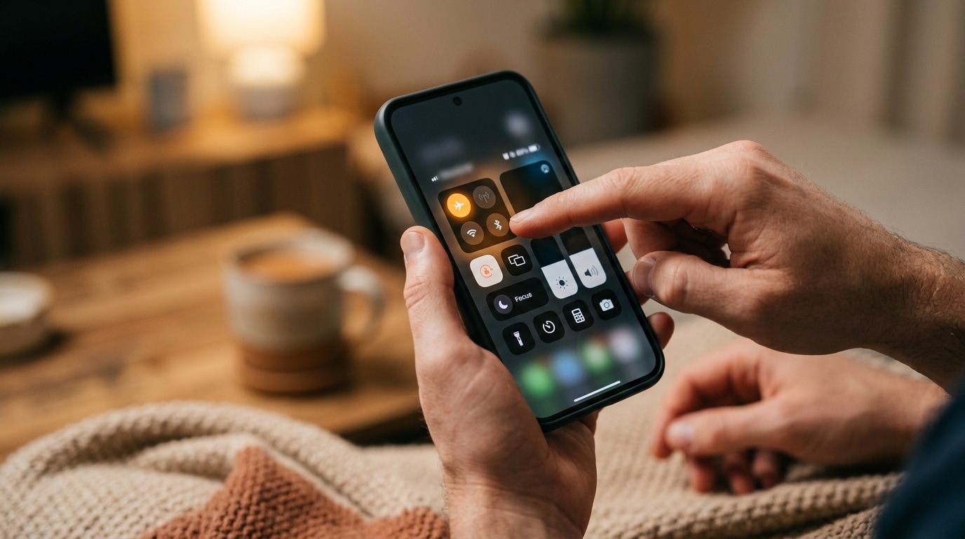 Main activant le mode avion sur un smartphone