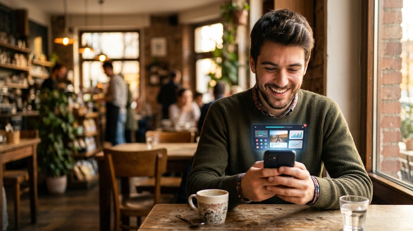 Homme souriant avec une connexion internet redevenue rapide