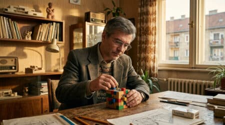 Inventeur assemblant le premier cube coloré à Budapest