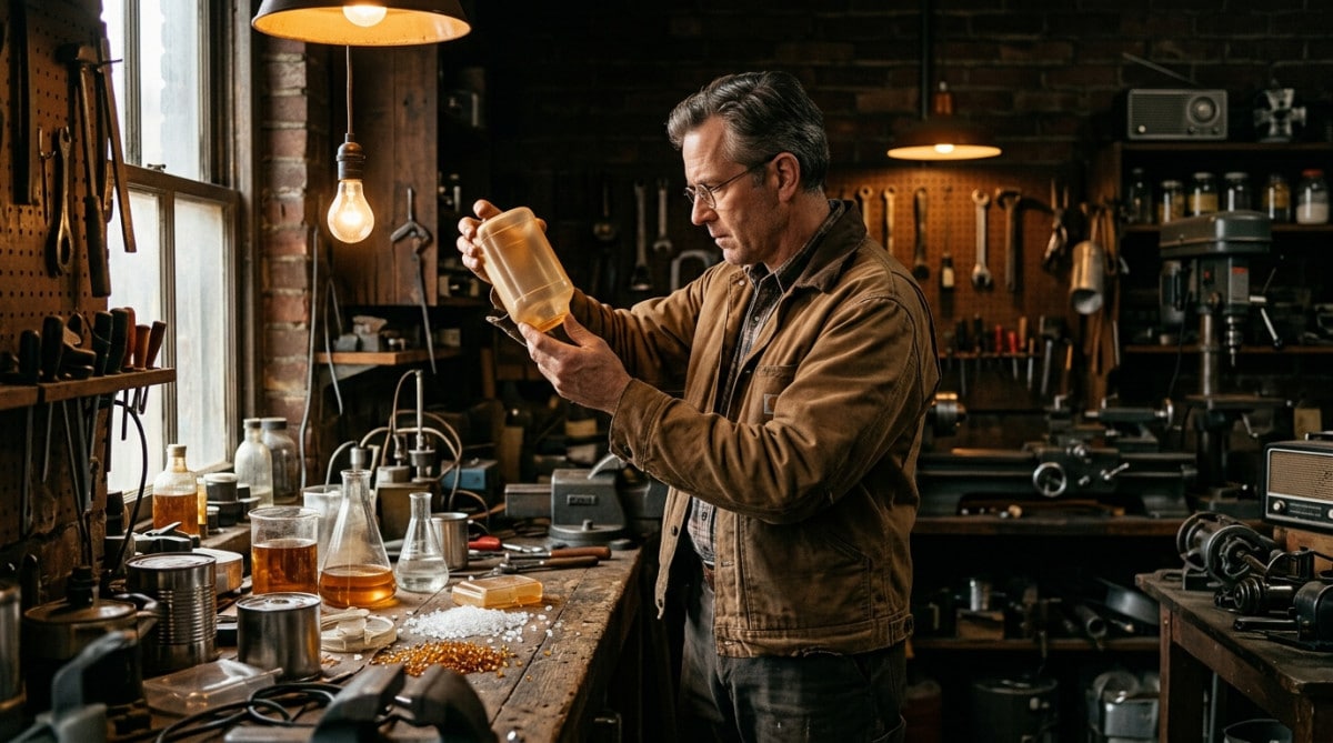 Inventeur examinant un contenant en plastique dans un atelier