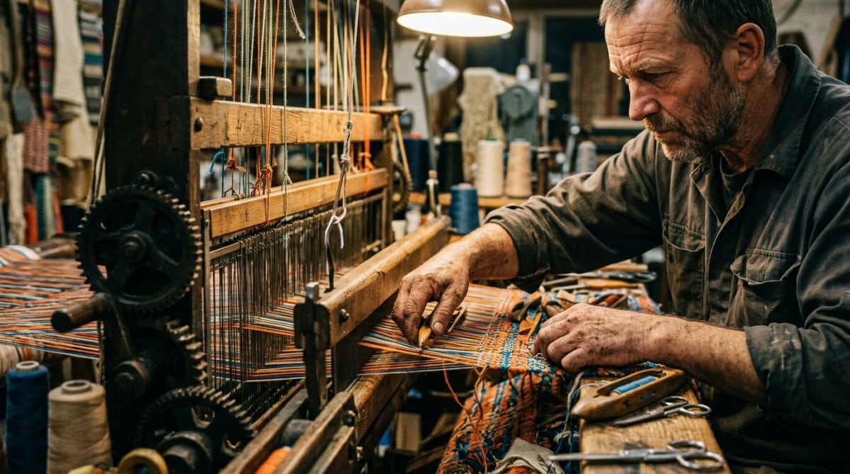 Inventeur travaillant sur une machine à tisser le Velcro