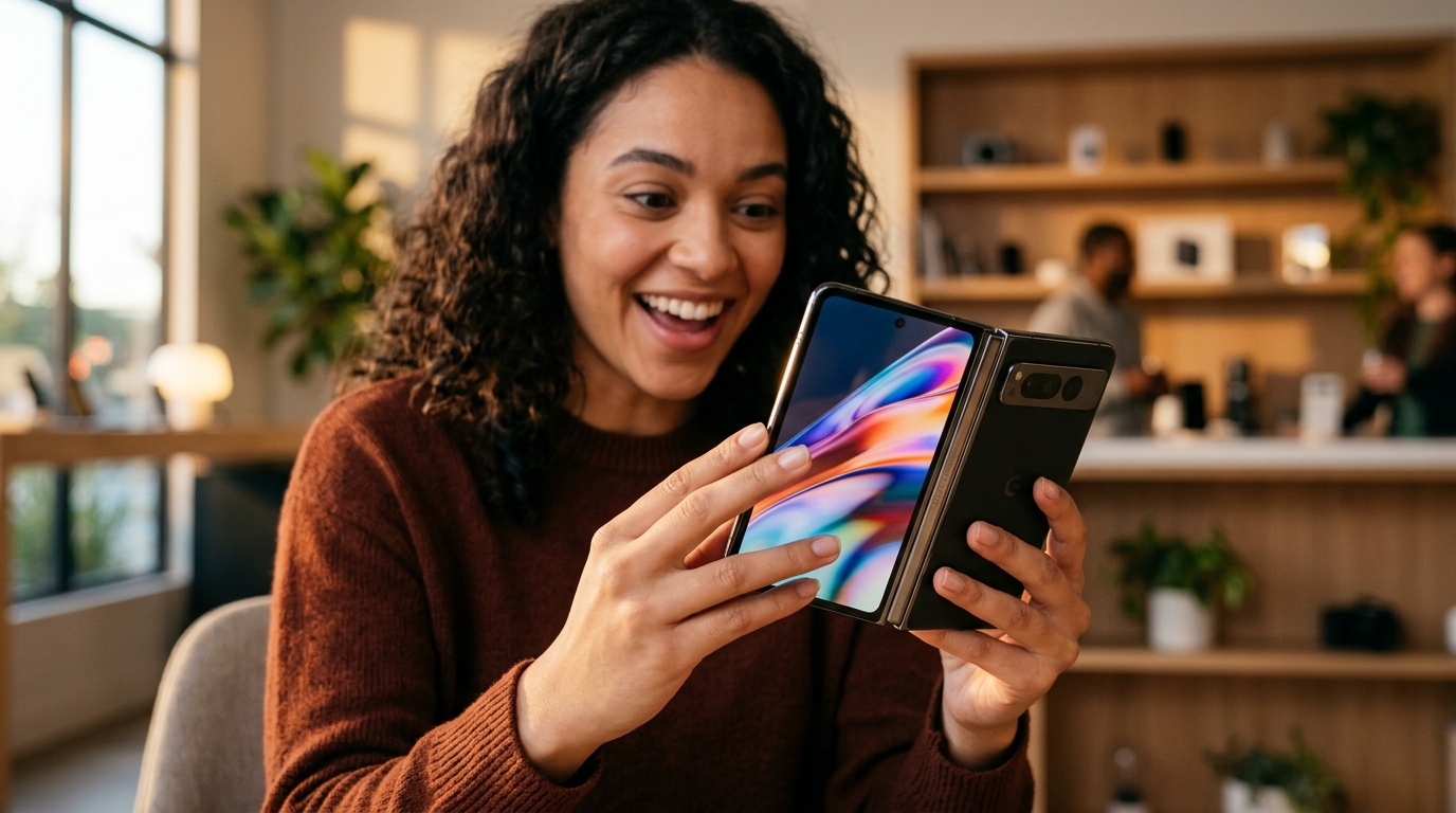Testeur découvrant l'iPhone pliable et sa charnière