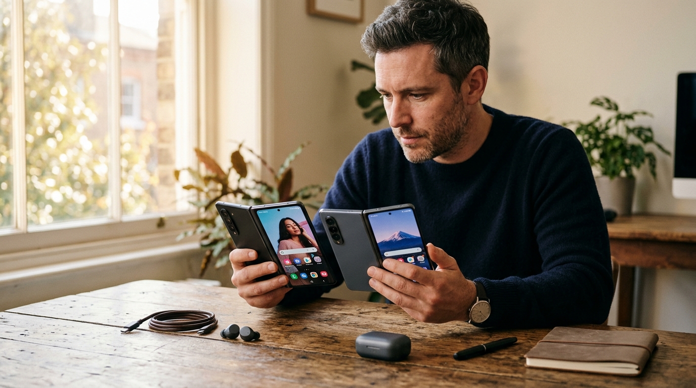 Comparaison entre deux smartphones pliables sur un bureau