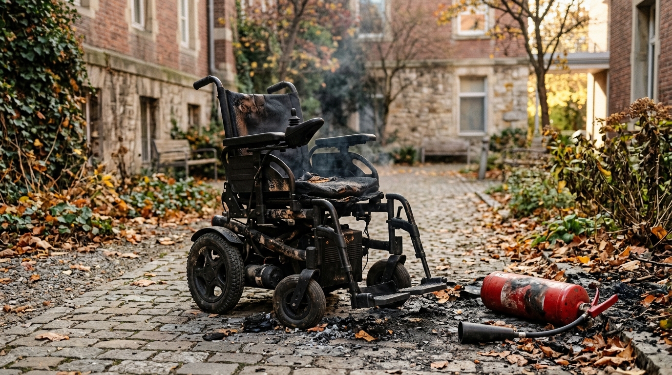 Fauteuil roulant électrique calciné dans une cour d'hôpital
