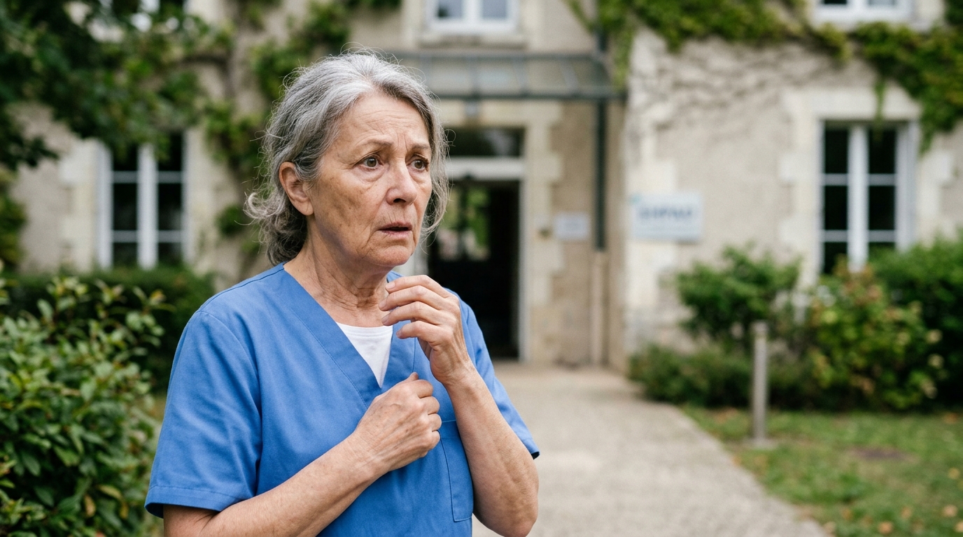 Soignant choqué devant un bâtiment d'Ehpad