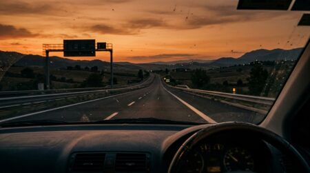 Route italienne au coucher du soleil vue du pare-brise