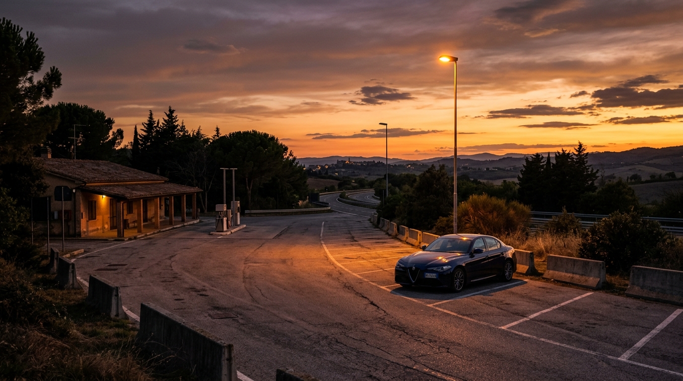 Aire de repos italienne vide au crépuscule