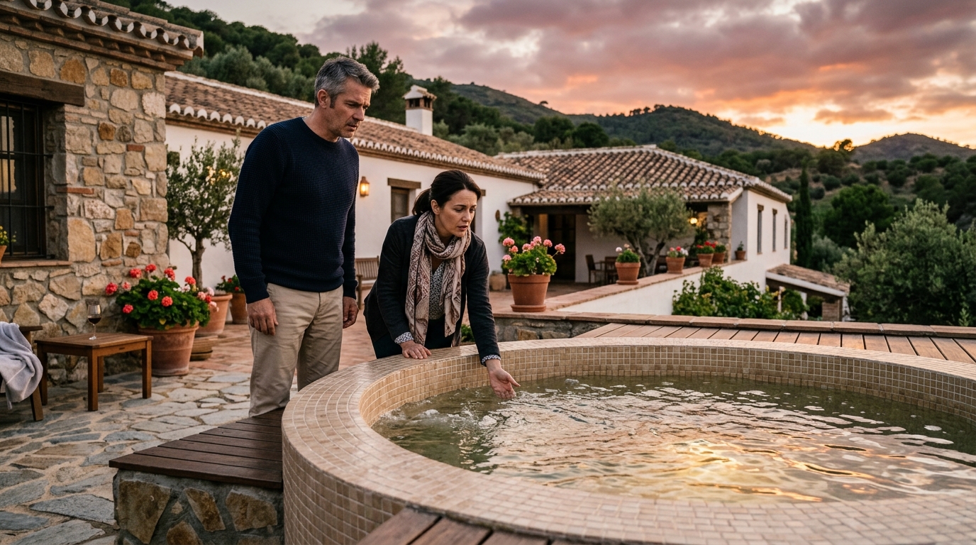 Couple inspectant un jacuzzi dans une villa de vacances